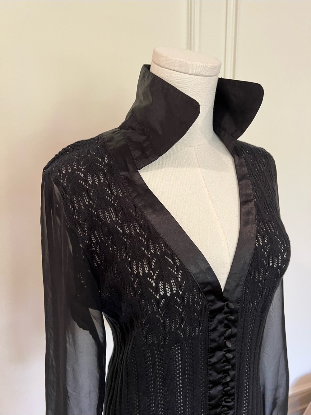 Black Sheer Lace Knit Blouse Satin Trim Dramatic Collar Dark Academia M
